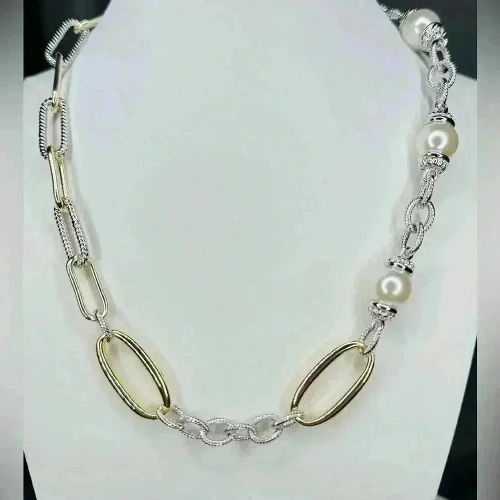 Gold & Pearls On Paper Clip Chain & T Bar Closure